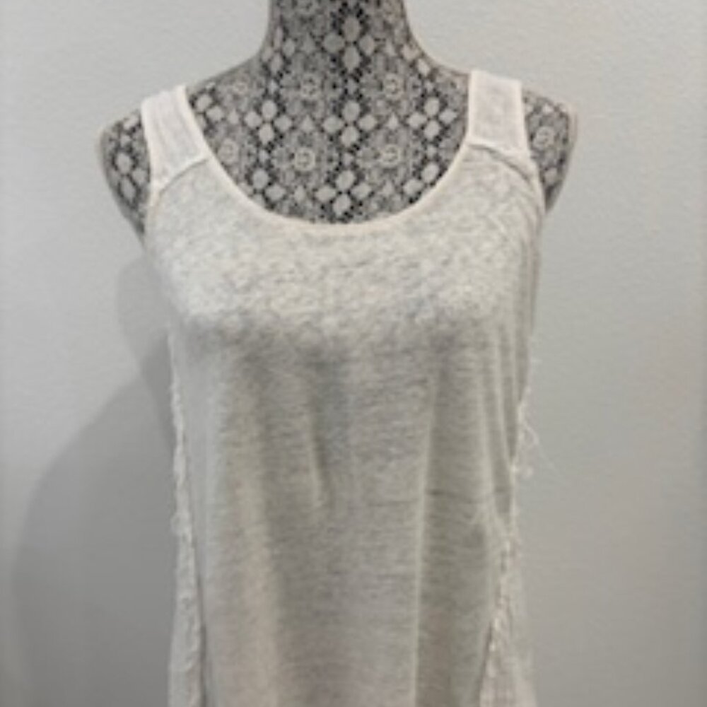Cambridge Dry Goods Ivory Tank Top 100% Linen Gauze Stretch Raw Edge, Size Small